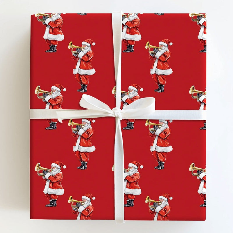 Red Musical Christmas Gift Wrap, Santa Playing Trumpet Wrapping Paper, Vintage Santa Claus Wrapping Paper, Holiday Present Wrapping Paper