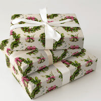 Vintage Christmas Gift Wrap, Holly Wreath Wrapping Paper, Gold Bells Holiday Wrapping Paper, Pink Bow Christmas Gift Wrap Roll