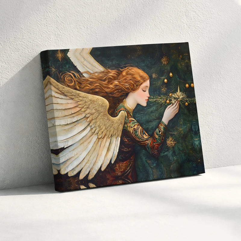 Redhead Angel Tree Canvas Print, Christmas Angel Canvas Wall Art, Vintage Holiday Wall Art Canvas, Seasonal Xmas Home Decor Wall Art