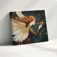 Redhead Angel Decorating Tree Print, Christmas Angel Canvas Wall Art, Golden Wings Holiday Canvas Decor, Winter Digital Download Present