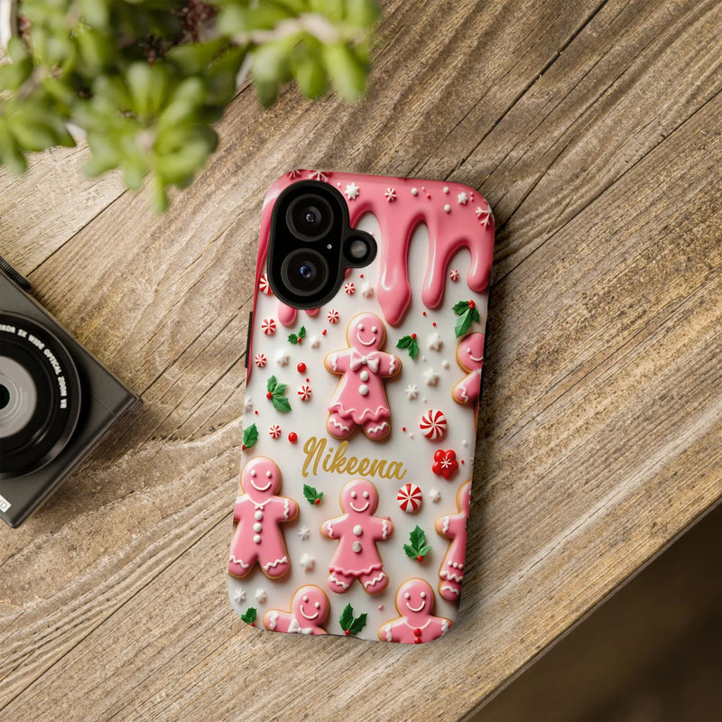 Adorable 3D Christmas Cookie Candy Case, Pink Gingerbread iPhone Case, Pastel Holiday Tough Phone Case, Girly Festive Xmas Phone Cover