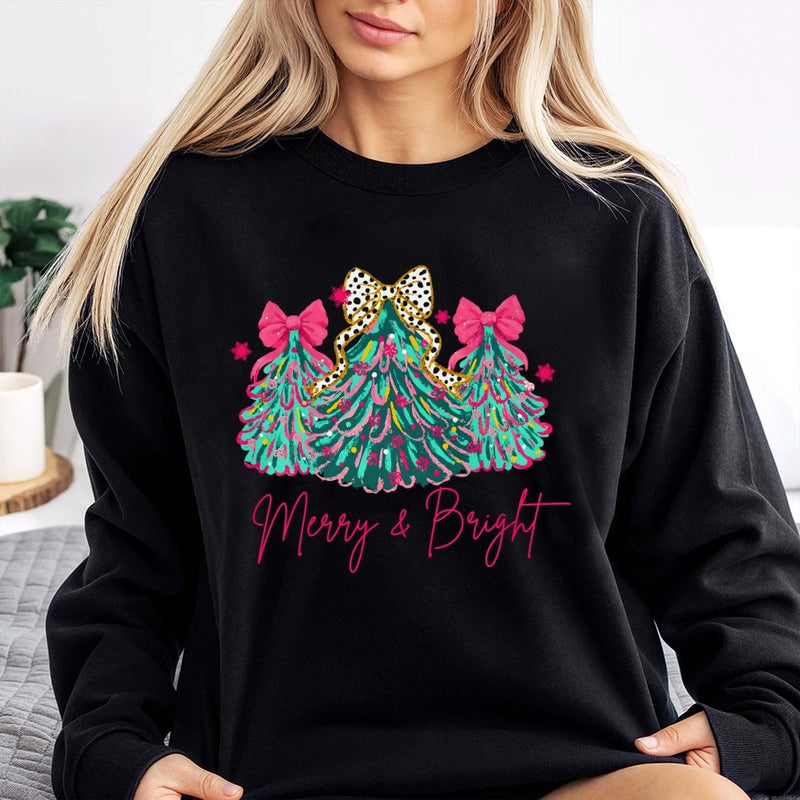Pink Bow Coquette Aesthetic Tree Crewneck, Merry and Bright Christmas Sweatshirt, Preppy Holiday Pullover, Adorable Pastel Christmas Sweater