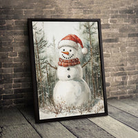 Festive Winter Forest Snow Print, Watercolor Christmas Snowman Canvas Wall Art, Holiday Season Wall Decor, Snowman Digital Download
