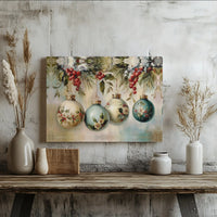 Victorian Holly Baubles Oil Painting, Christmas Ornaments Horizontal Canvas, Elegant Xmas Holiday Wall Decor, Winter Digital Download