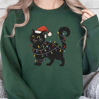 Adorable Kitten Holiday Lights Crewneck, Black Cat Christmas Sweatshirt, Humorous Cat Lover Xmas Pullover, Winter Holiday Spooky Cat Sweater