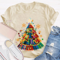Crayon Christmas Tree Shirt, Art Teacher Christmas T-Shirt, Colorful Art Educator Holiday Graphic Tee, Snowflakes Lights Teacher Present