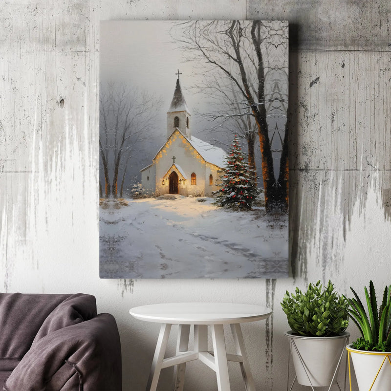 Snowy Christmas Tree Scene Canvas Print, Winter Church Canvas Wall Art, Comfy Rustic Chapel Canvas Art, Holiday Season Wall Decor Present