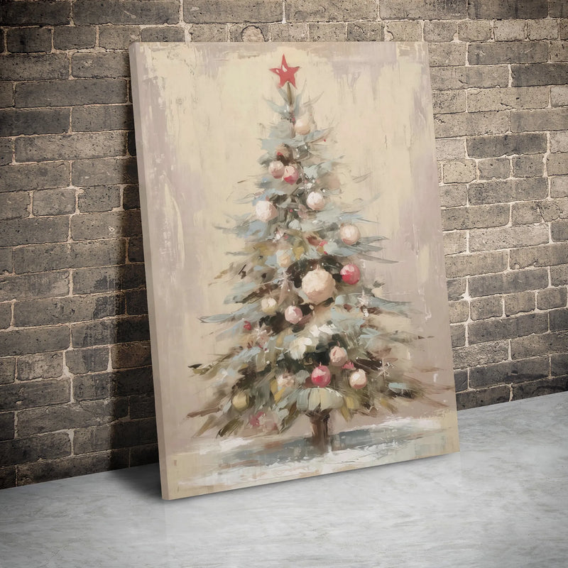 Holiday Tree with Red Star Canvas Print, Painterly Christmas Tree Canvas Wall Art, Neutral Festive Canvas, Comfy Winter Season Wall Decor