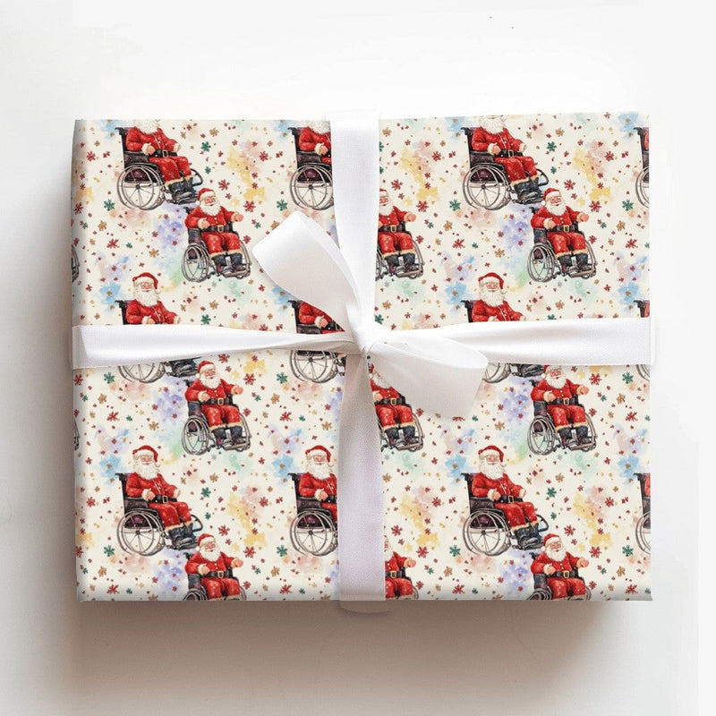 Inclusive Santa Gift Wrap, Watercolor Wheelchair Santa Wrapping Paper, Colorful Stars Christmas Wrapping Paper, Holiday Gift Wrap Roll