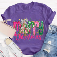 Festive Holiday Teacher Shirt, Merry Christmas Colorful Glitter Teacher T-Shirt, Christmas School Educator Graphic Tee