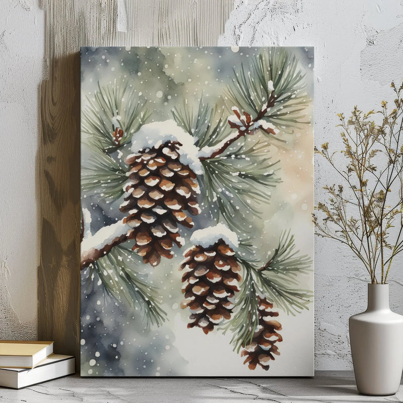 Watercolor Winter Botanical Canvas Print, Snowy Pine Cones Canvas Wall Art, Christmas Pine Cone Wall Art, Comfy Holiday Canvas