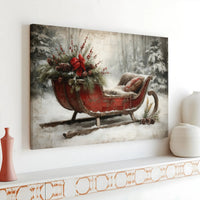 Snowy Winter Forest Canvas Print, Vintage Christmas Sleigh Canvas Art, Holiday Landscape Canvas Decor, Rustic Seasonal Wall Painting Present