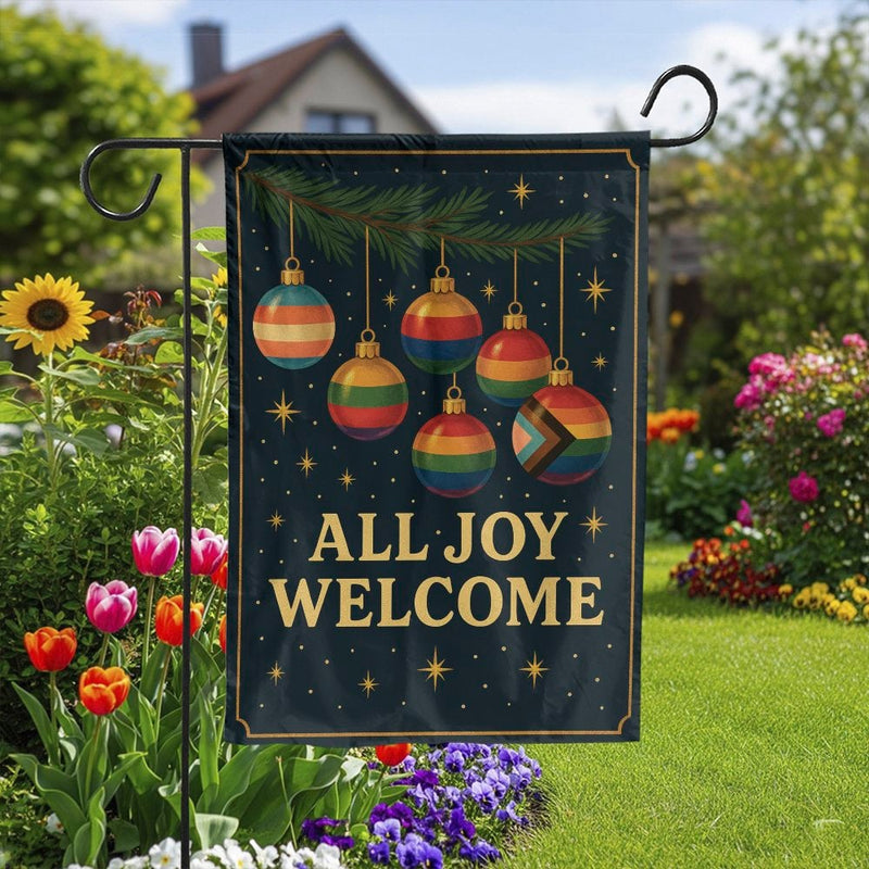 Pride Christmas Ornaments Garden Flag, All Joy Welcome Garden Flag, Inclusive Rainbow Yard Flag, Holiday Lawn Banner, Christmas Garden Flag