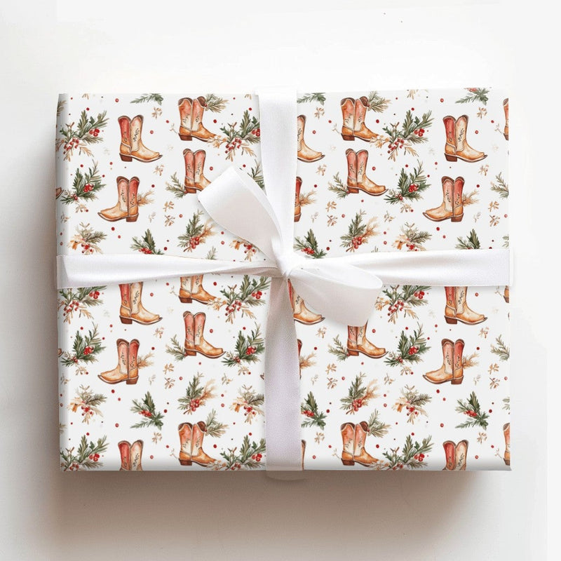 Cowboy Boots Holiday Gift Wrap, Western Christmas Wrapping Paper, Rustic Country Xmas Gift Wrapping Paper, Winter Holly Present Paper Roll