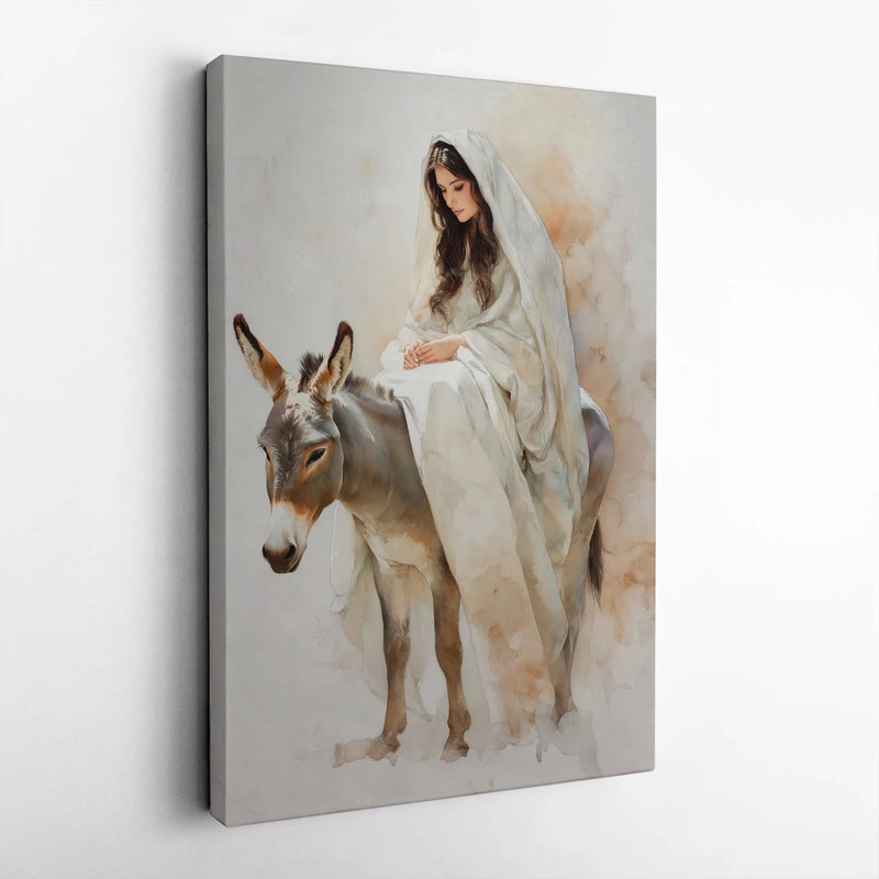 Watercolor Catholic Canvas Print, Virgin Mary on Donkey Canvas Wall Art, Religious Nativity Wall Decor, Christian Art Canvas, Christmas Present