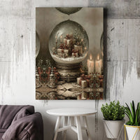 Festive Presents Candles Canvas Print, Vintage Christmas Snow Globe Canvas Wall Art, Holiday Seasonal Canvas, Digital Download Present