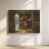 Winter Farmhouse Canvas Wall Art, Horse in Snowy Stable Canvas Print, Equestrian Barn Artwork, Festive Christmas Decor Canvas Present