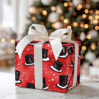 Festive Red Winter Gift Wrap, Snowy Black Top Hats Christmas Wrapping Paper, Classic Snowfall Top Hat Wrapping Paper, Holiday Gift Wrap Roll