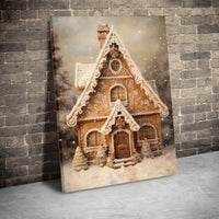 Snowy Winter Cabin Canvas Print, Christmas Gingerbread House Wall Art, Festive Holiday Wall Decor, Seasonal Christmas Cottage Canvas