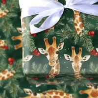 Watercolor Safari Giraffe Gift Wrap, Christmas Giraffe Wrapping Paper, Festive Giraffe Wrapping Paper, Dark Green Pine Holiday Present Wrap