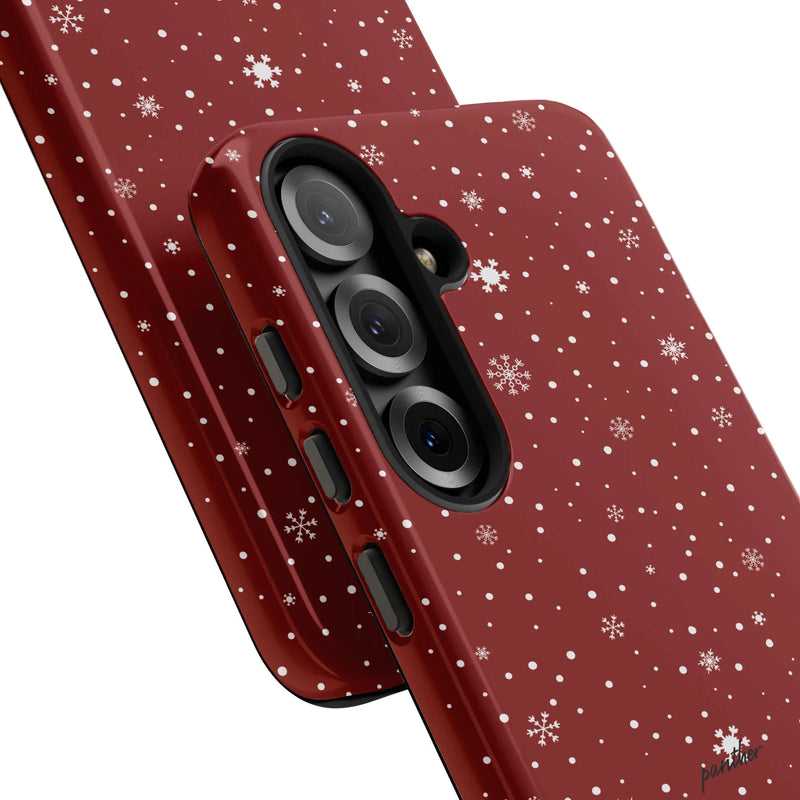 Christmas Snow Pattern Samsung Galaxy Case, Red Snowflake Polka Dot Phone Case, Dual-Layer Festive Tough Phone Cover, Holiday Xmas Present