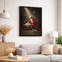 Religious Christmas Canvas Wall Art, Santa Kneeling to Baby Jesus Canvas Art, Christian Nativity Canvas Print, Digital Download Xmas Decor