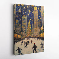 Christmas in New York Canvas Print, NYC Ice Skating Canvas Wall Art, Impressionist Winter Cityscape Canvas, Holiday Seasonal Home Decor