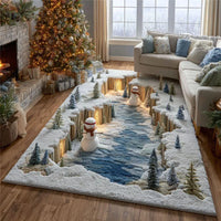 3D Snowy Winter Village Floor Rug, Frosty Pathway Christmas Area Rug, Non-Slip Washable Holiday Carpet, Comfy Xmas Home Decor