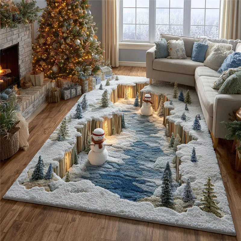 3D Snowy Winter Village Floor Rug, Frosty Pathway Christmas Area Rug, Non-Slip Washable Holiday Carpet, Comfy Xmas Home Decor