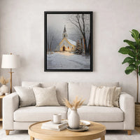 Snowy Christmas Tree Scene Canvas Print, Winter Church Canvas Wall Art, Comfy Rustic Chapel Canvas Art, Holiday Season Wall Decor Present