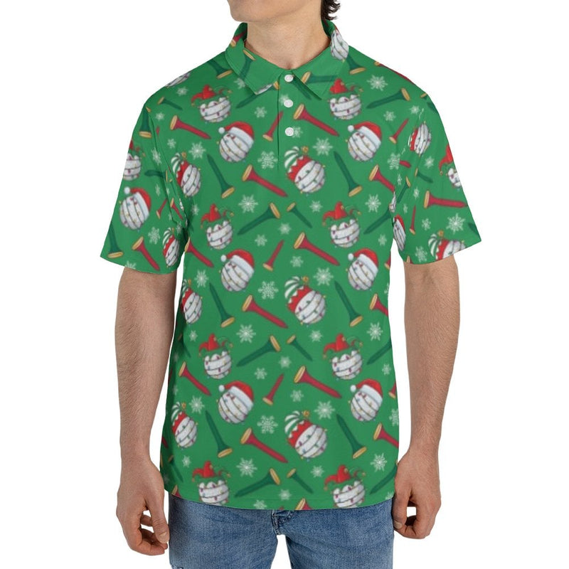 Humorous Christmas Golf Polo, Santa Hat Golf Ball Polo Shirt, Holiday Party Patterned Shirt, Festive Golfer Short Sleeve Polo