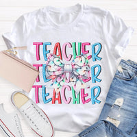 Festive Holiday Coquette Bow Shirt, Christmas Teacher Bow T-Shirt, Adorable Christmas Teacher Graphic Tee, Merry Xmas Educator Top
