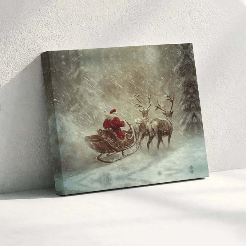 Snowy Reindeer Christmas Canvas, Santa Sleigh Canvas Wall Art, Winter Holiday Wall Decor, Vintage Xmas Canvas Print, Festive Home Present