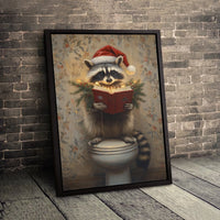 Humorous Toilet Raccoon Print, Christmas Raccoon Canvas Wall Art, Santa Hat Reading Canvas, Holiday Raccoon Art, Whimsical Bathroom Decor Present