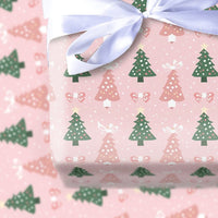 Whimsical Bow Holiday Gift Wrap, Pink Christmas Tree Wrapping Paper, Adorable Green Tree Present Paper, Modern Pastel Christmas Wrapping Paper