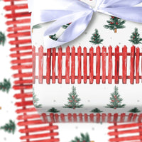 Red Picket Fence Holiday Gift Wrap, Tree Farm Christmas Wrapping Paper, Rustic Farmhouse Wrapping Paper, Winter Forest Present Paper Roll