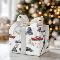 Retro Snowy Forest Gift Wrap, Vintage Car Christmas Wrapping Paper, Classic Car Holiday Wrapping Paper, Winter Vehicle Gift Wrapping Paper