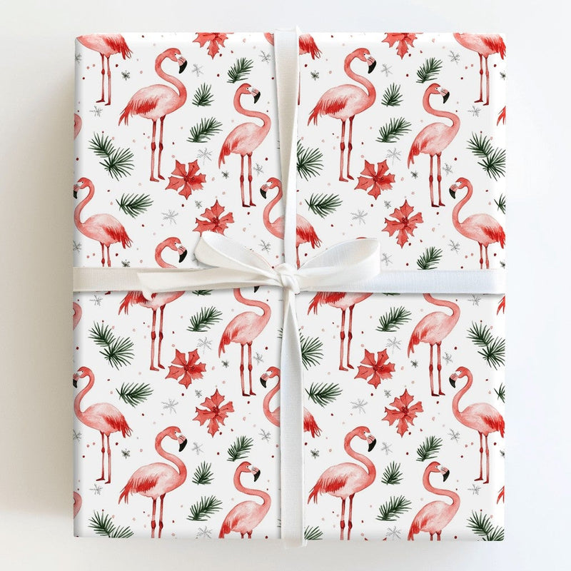 Flamingo Poinsettia Gift Wrap, Tropical Christmas Wrapping Paper, Pink Flamingo Holiday Wrapping Paper, Festive Winter Gift Wrap Roll