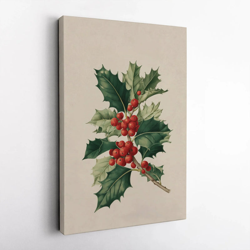Vintage Christmas Holly Wall Art, Holly Berry Botanical Canvas, Winter Berry Foliage Canvas Print, Holiday Botanical Decor