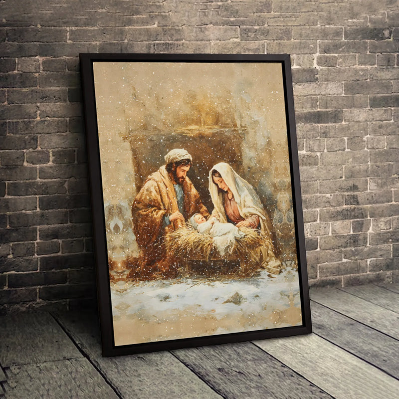 Snowy Holy Family Canvas Print, Nativity Scene Canvas Wall Art, Christian Christmas Wall Decor, Religious Holiday Season Canvas Present