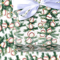 Sports Ornament Holiday Gift Wrap, Baseball Christmas Wrapping Paper, Pine Branch Baseball Wrapping Paper, Festive Sports Wrapping Paper