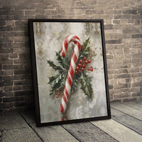 Vintage Holly Berries Holiday Poster, Christmas Candy Cane Canvas Wall Art, Rustic Farmhouse Winter Print, Festive Decor Digital Download