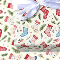 Watercolor Holly Holiday Gift Wrap, Christmas Stocking Wrapping Paper, Winter Botanical Wrapping Paper Roll, Festive Pine Xmas Present Wrap