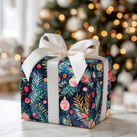 Navy Pine Branch Gift Wrap, Watercolor Ornament Wrapping Paper, Festive Christmas Ornament Wrapping Paper, Holiday Present Paper Roll
