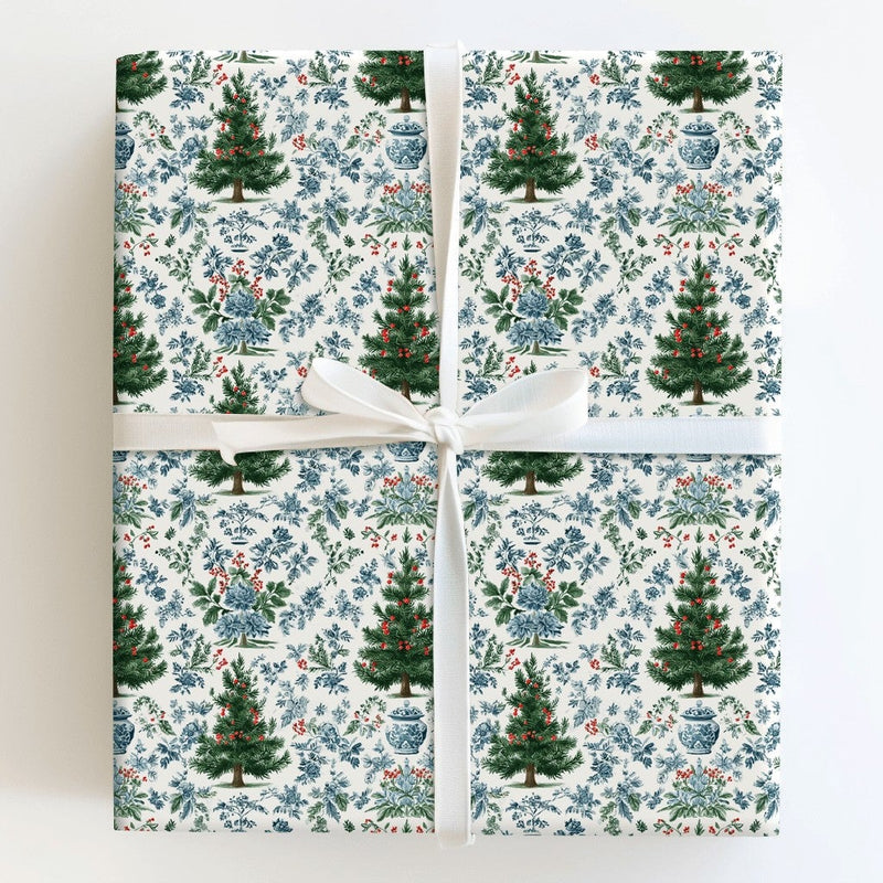 Blue and White Ginger Jar Holiday Gift Wrap, Chinoiserie Christmas Wrapping Paper, Floral Toile Christmas Wrap, Elegant Holiday Present Paper
