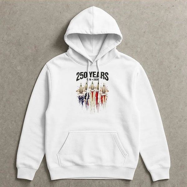 America 250 Years Hoodie | Vintage Fighter Jet American Flag Graphic | Premium Cotton | Collector's 4th of July Gift for Patriots
