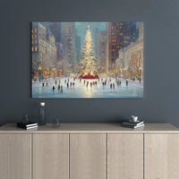 Ice Skating Christmas Tree Print, Winter Cityscape Canvas Art, Festive Holiday Town Wall Decor, Snowy City Scene Canvas Art Present