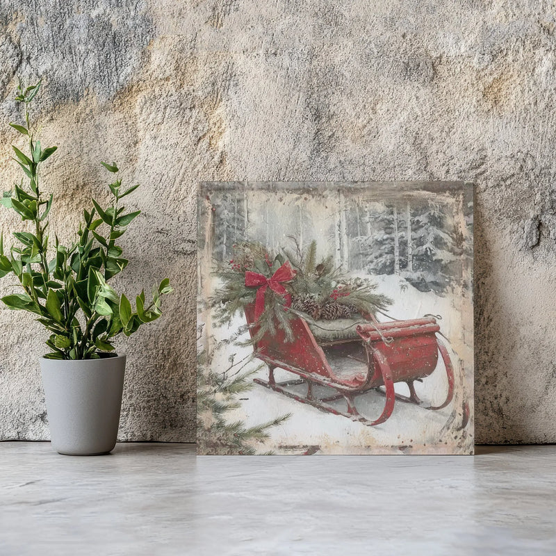 Rustic Red Sled Winter Forest Snow Scene Print, Vintage Christmas Sleigh Canvas Wall Art, Holiday Canvas Poster, Digital Download