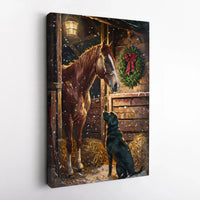 Snowy Winter Barn Stable Print, Christmas Horse and Black Lab Canvas Art, Rustic Holiday Wall Decor, Dog Lover Present, Digital Download