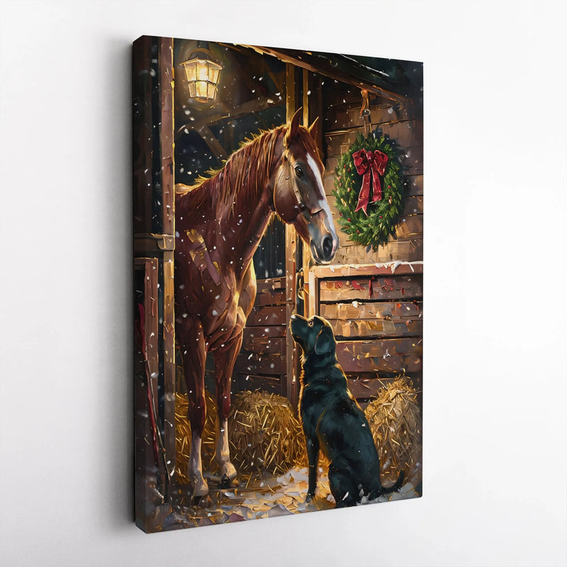 Snowy Winter Barn Stable Print, Christmas Horse and Black Lab Canvas Art, Rustic Holiday Wall Decor, Dog Lover Present, Digital Download